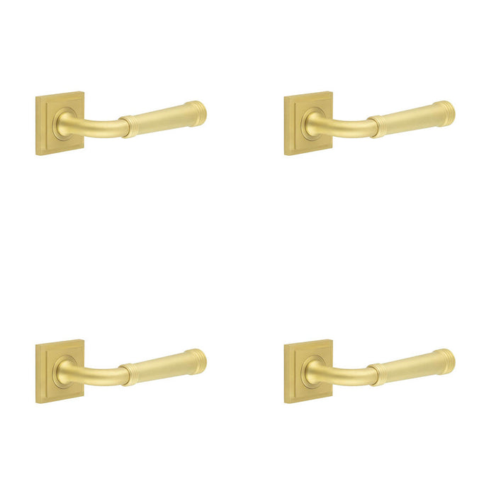 PACK Elegant Square Stepped Satin Brass Door Handle Modern Homes Solid Brass Interior Handle