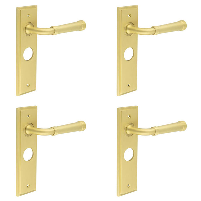 PACK Satin Brass Bathroom Door Handle with Backplate Solid Brass Interior Handle (1)