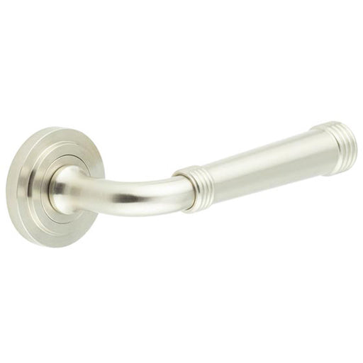 Elegant Satin Nickel Door Handle with Stepped Rose Design Modern Interiors Solid Brass Interior Handle