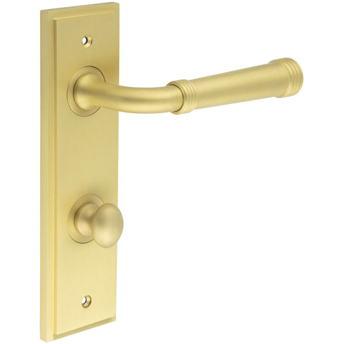 Satin Brass Door Handle with Backplate Bathrooms Turn Release Mechanism Solid Brass Interior Handle