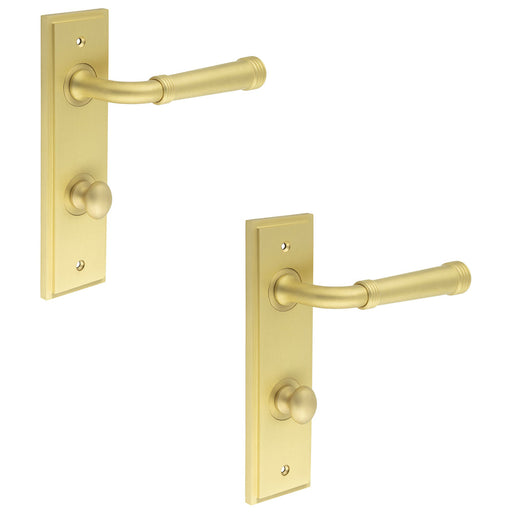 PACK Satin Brass Door Handle with Backplate Bathrooms Turn Release Mechanism Solid Brass Interior Handle (1)