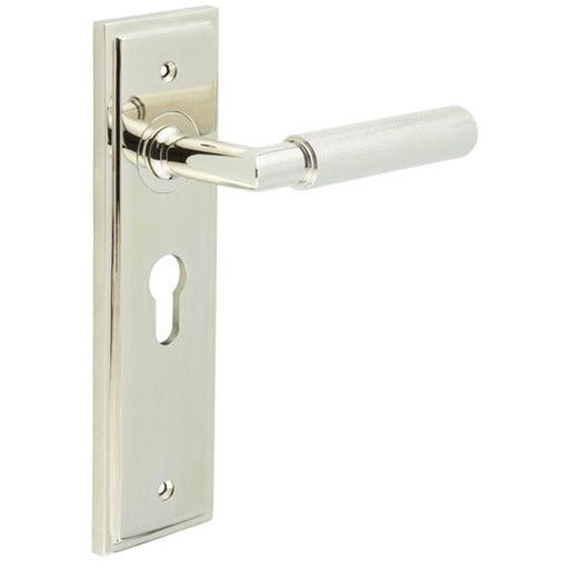 Luxury Polished Nickel Euro Backplate Door Handle with Knurled Detail Solid Brass Interior Handle