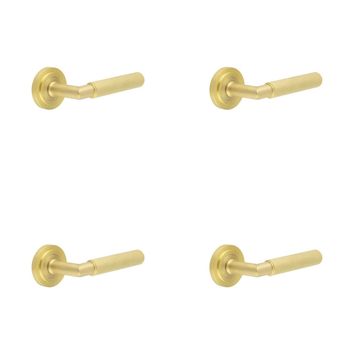 PACK Luxury Satin Brass Door Handle with Stepped Rose Solid Brass Interior Handle