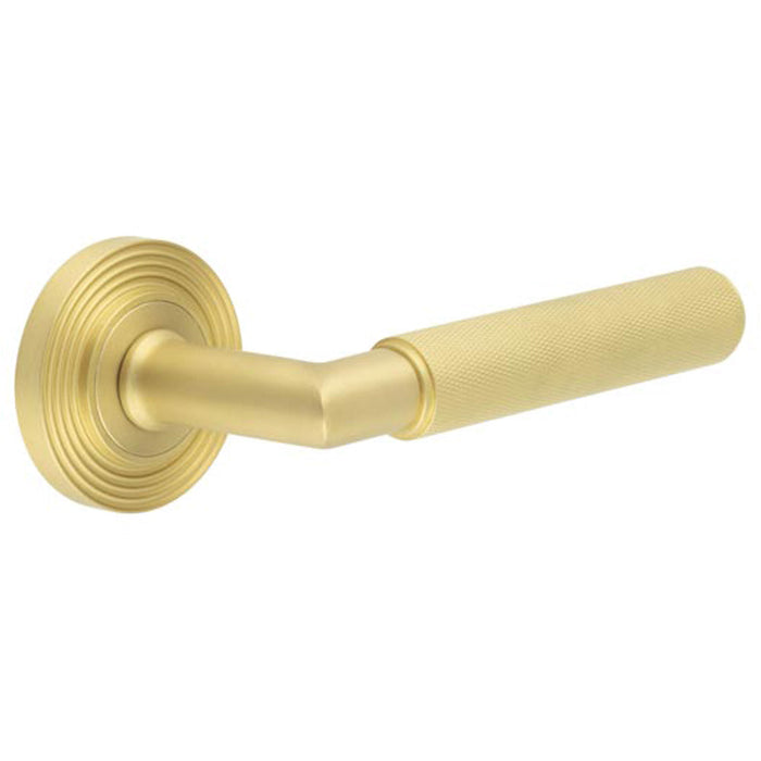 Luxury Satin Brass Door Handle with Reeded Rose Design Solid Brass Interior Handle