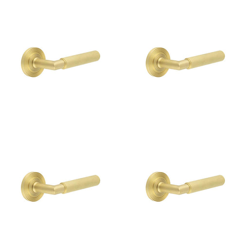 PACK Luxury Satin Brass Door Handle with Reeded Rose Design Solid Brass Interior Handle