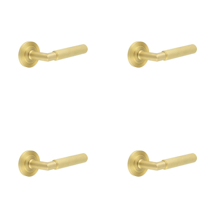 PACK Luxury Satin Brass Door Handle with Reeded Rose Design Solid Brass Interior Handle