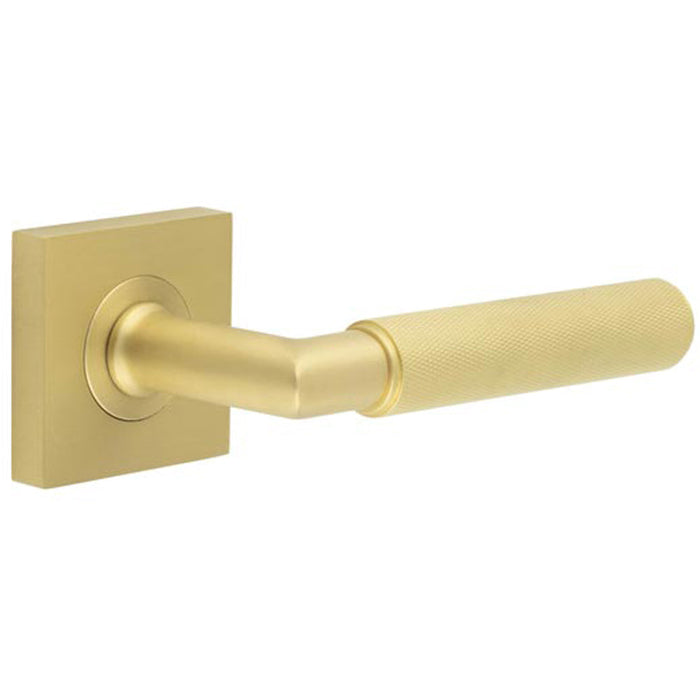 Luxurious Satin Brass Door Handle with Square Rose Design Solid Brass Interior Handle