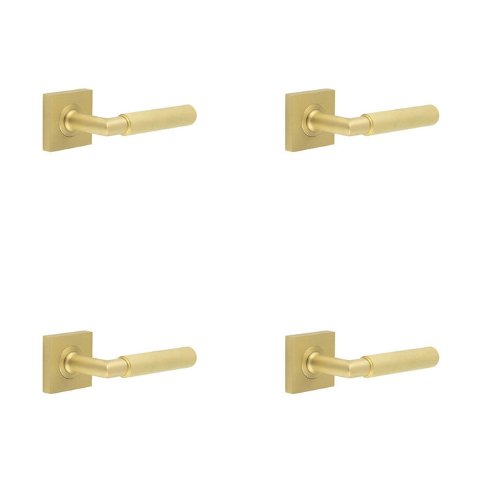 PACK Luxurious Satin Brass Door Handle with Square Rose Design Solid Brass Interior Handle