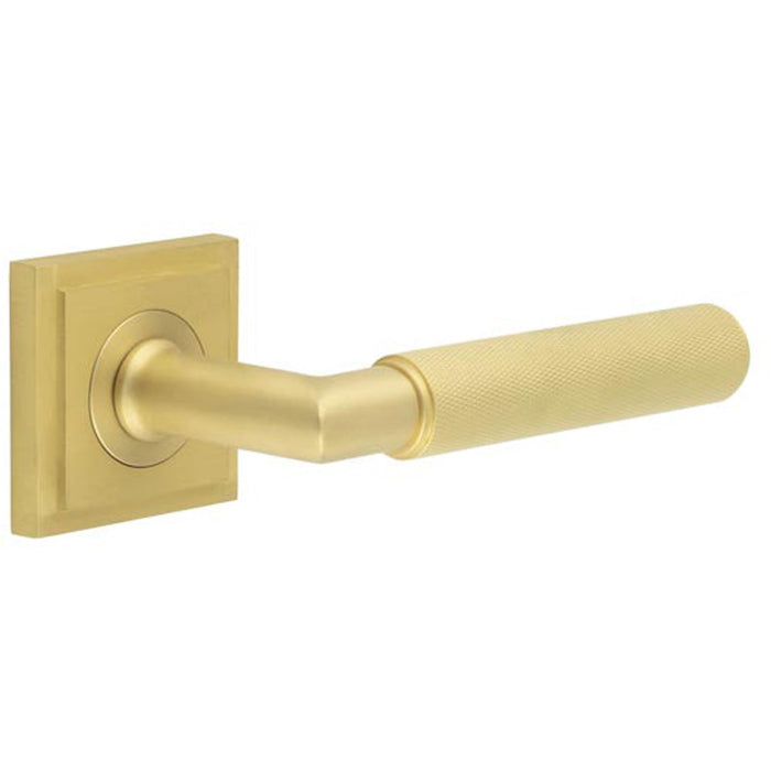 Elegant Satin Brass Door Handle Square Stepped Rose Luxury Interiors Solid Brass Interior Handle
