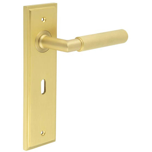 Elegant Satin Brass Door Handle Lock Backplate Luxury Finishes Solid Brass Interior Handle