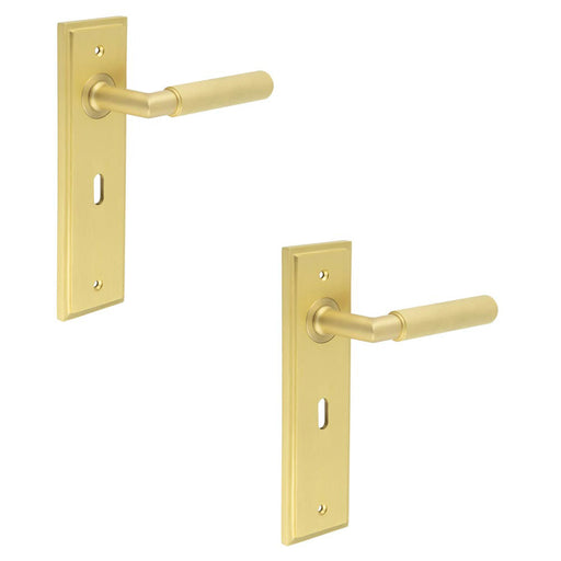 PACK Elegant Satin Brass Door Handle Lock Backplate Luxury Finishes Solid Brass Interior Handle (1)