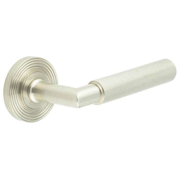 Luxury Satin Nickel Door Handle with Reeded Rose Design Solid Brass Interior Handle