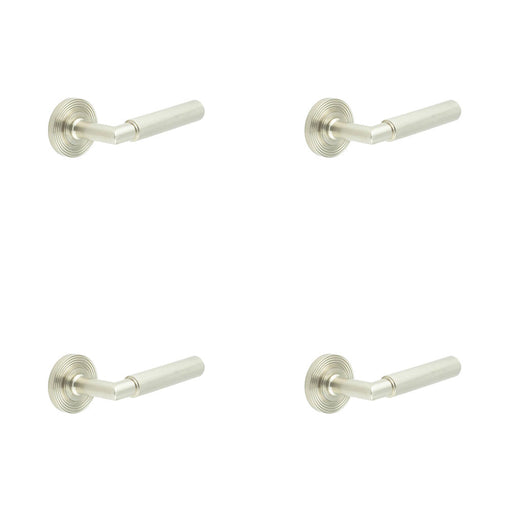 PACK Luxury Satin Nickel Door Handle with Reeded Rose Design Solid Brass Interior Handle