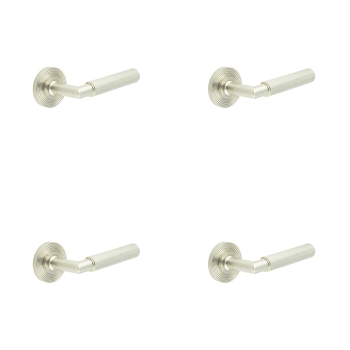 PACK Luxury Satin Nickel Door Handle with Reeded Rose Design Solid Brass Interior Handle