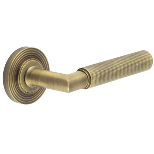 Premium Antique Brass Door Handle with Reeded Rose Design Solid Brass Interior Handle
