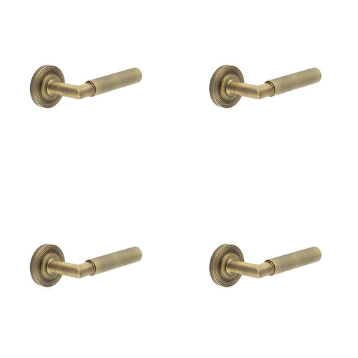 PACK Premium Antique Brass Door Handle with Reeded Rose Design Solid Brass Interior Handle