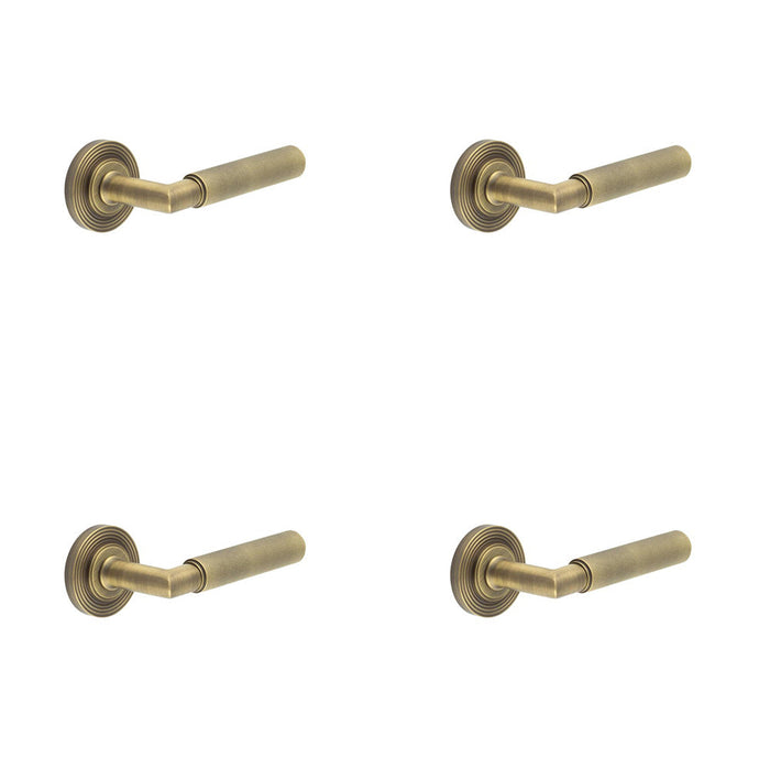 PACK Premium Antique Brass Door Handle with Reeded Rose Design Solid Brass Interior Handle