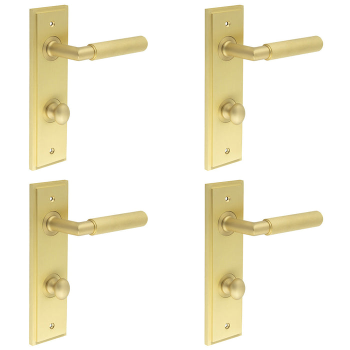 PACK Satin Brass Bathroom Door Handle with Backplate Turn Release Solid Brass Interior Handle (8)