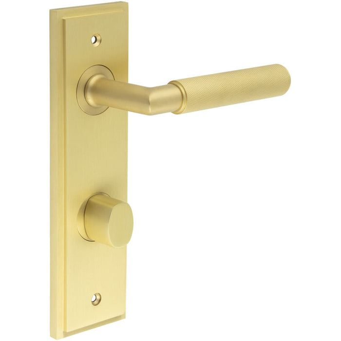 Satin Brass Door Handle with Backplate Bathrooms Elegant Turn Release Mechanism Solid Brass Interior Handle