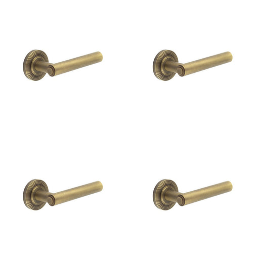 PACK Antique Brass Door Handle with Reeded Rose Design Solid Brass Interior Handle