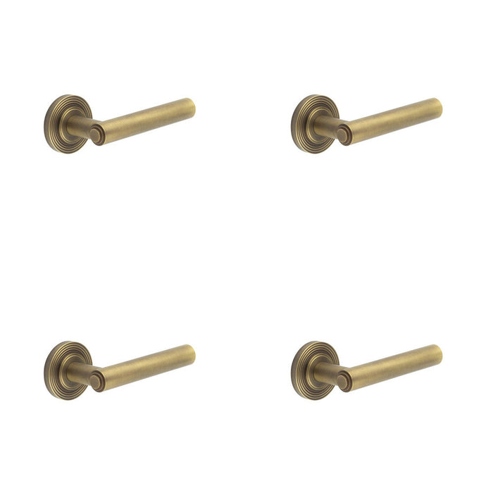 PACK Antique Brass Door Handle with Reeded Rose Design Solid Brass Interior Handle