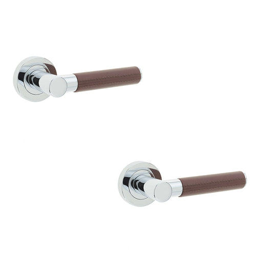 PACK Elegant Brown Leather Door Handle with Polished Chrome Rose Interior Handle (1)