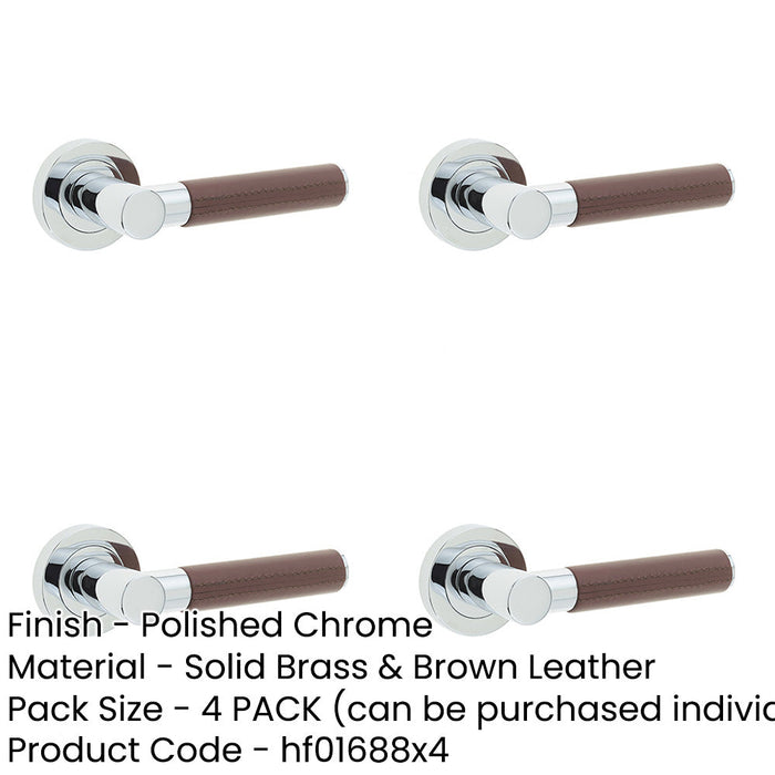 PACK Elegant Brown Leather Door Handle with Polished Chrome Rose Interior Handle-1
