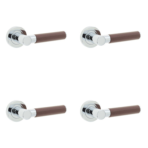 PACK Elegant Brown Leather Door Handle with Polished Chrome Rose Interior Handle