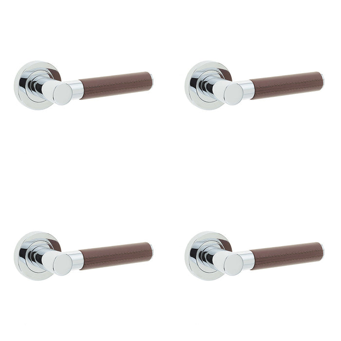 PACK Elegant Brown Leather Door Handle with Polished Chrome Rose Interior Handle