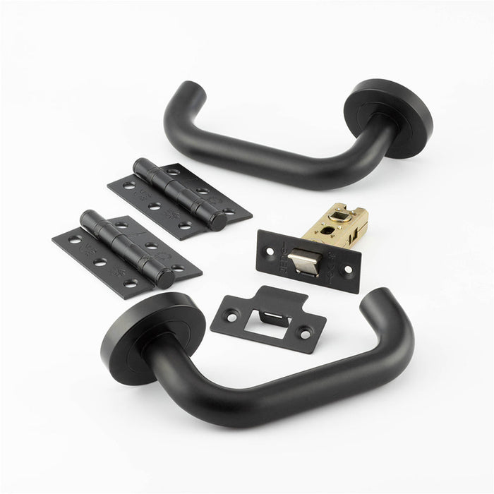 Matt Black Door Handle Pack Fire Rated Stylish Lever Rose Hinge Latch