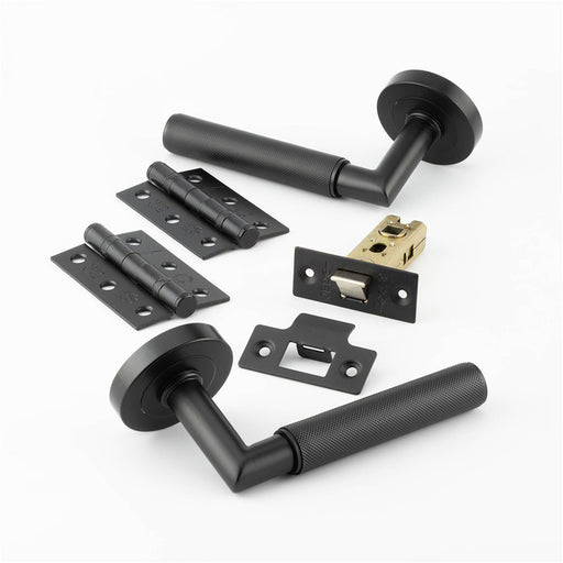 Matt Black Door Handle Pack Fire Rated Mitred Lever Rose Hinge Latch