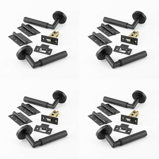 PACK Matt Black Door Handle Pack Fire Rated Mitred Lever Rose Hinge Latch