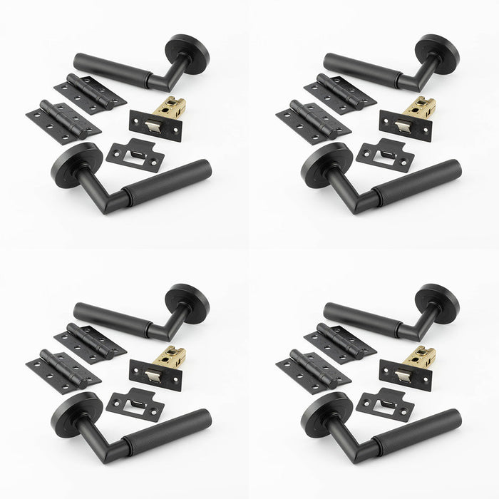 PACK Matt Black Door Handle Pack Fire Rated Mitred Lever Rose Hinge Latch