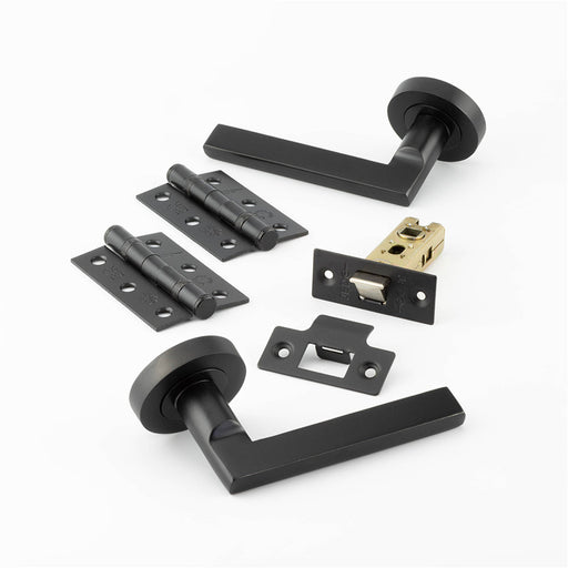 Matt Black Door Handle Pack Fire Rated Slim Lever Rose Hinge Latch