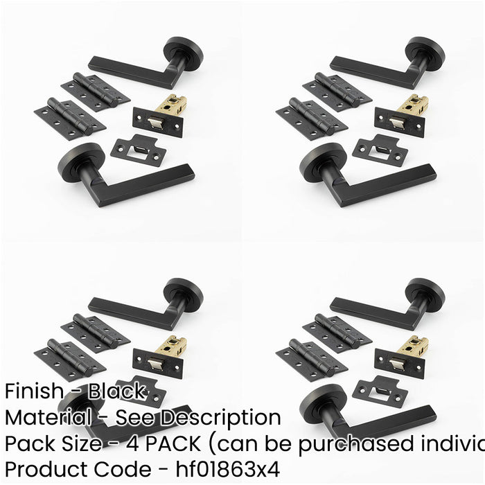 PACK Matt Black Door Handle Pack Fire Rated Slim Lever Rose Hinge Latch-1