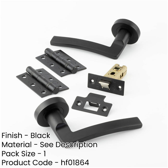 Matt Black Door Handle Pack Fire Rated Curved Lever Rose Hinge Latch-1