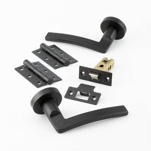 Matt Black Door Handle Pack Fire Rated Curved Lever Rose Hinge Latch