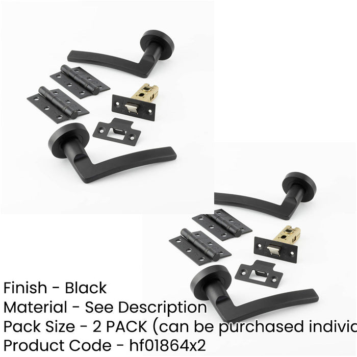 PACK Matt Black Door Handle Pack Fire Rated Curved Lever Rose Hinge Latch (1)-1