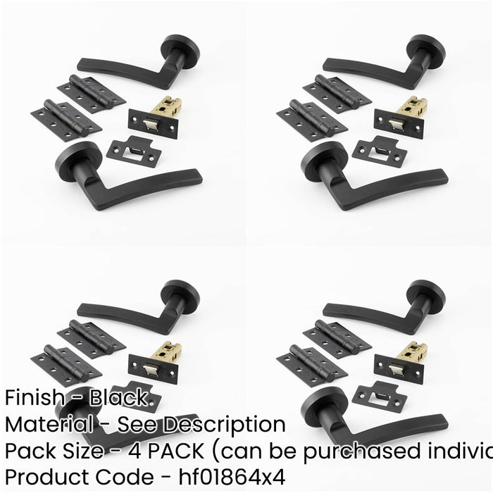 PACK Matt Black Door Handle Pack Fire Rated Curved Lever Rose Hinge Latch-1