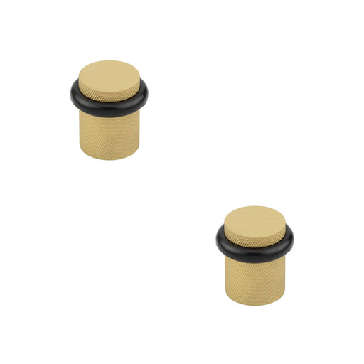 PACK Elegant Knurled Floor Mounted Doorstops Satin Brass 40mm Diameter Solid Brass Rubber Stopper (1)