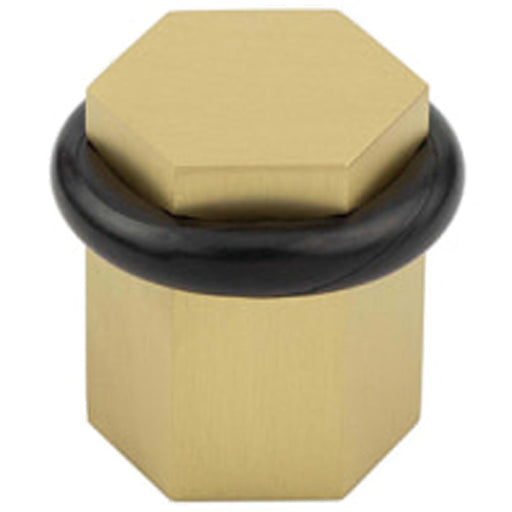 Elegant Hexagonal Floor Mounted Doorstops Satin Brass Finish Solid Brass Rubber Stopper