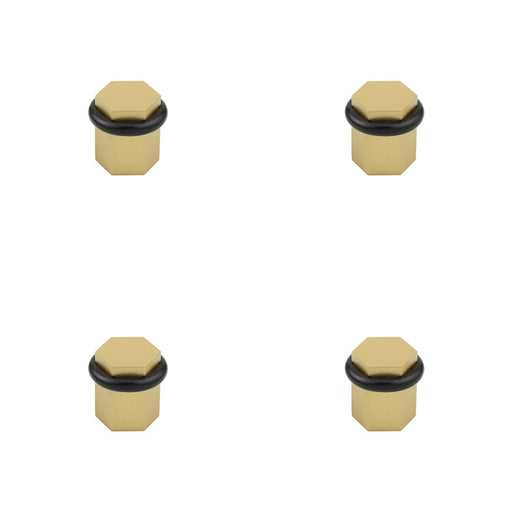 PACK Elegant Hexagonal Floor Mounted Doorstops Satin Brass Finish Solid Brass Rubber Stopper