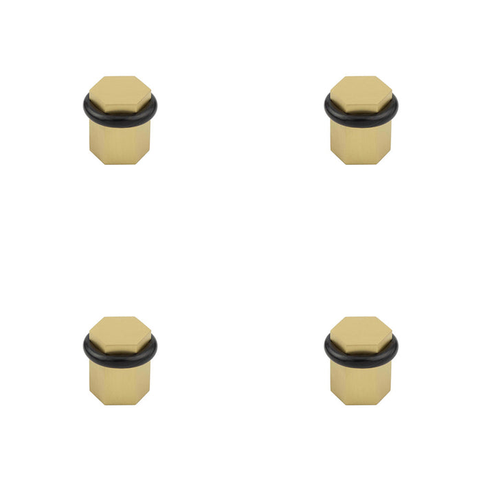 PACK Elegant Hexagonal Floor Mounted Doorstops Satin Brass Finish Solid Brass Rubber Stopper