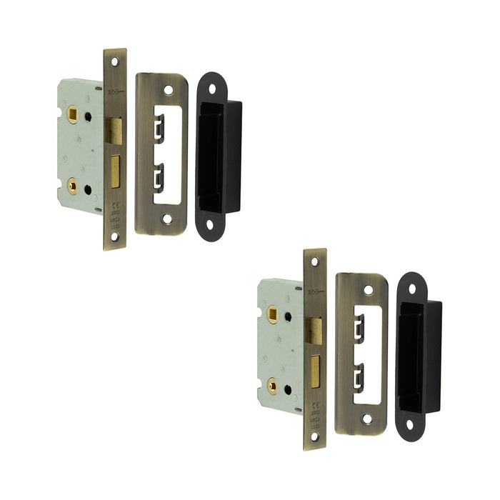 PACK Antique Brass Bathroom Locks with Square Forend Radiused Strike Plate 65mm Door Lock