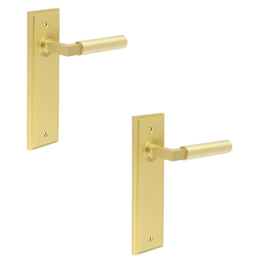 PACK Stylish Satin Brass Door Handle Latch Backplate Modern Homes Solid Brass Interior Lever (1)