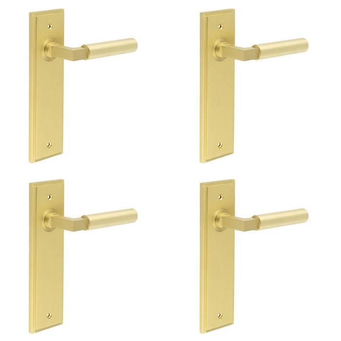 PACK Stylish Satin Brass Door Handle Latch Backplate Modern Homes Solid Brass Interior Lever