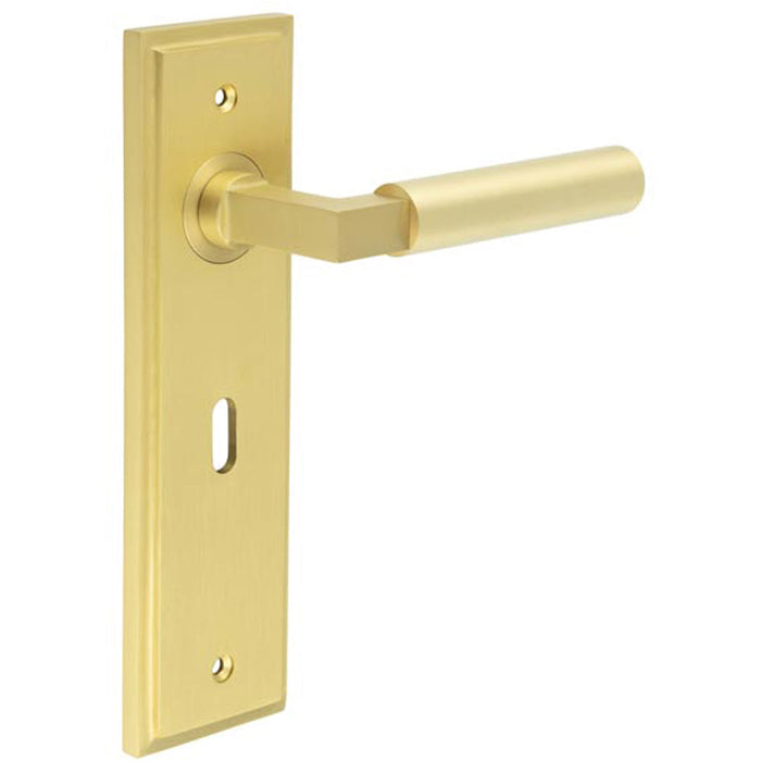 Elegant Satin Brass Door Handle Lock Backplate Modern Homes Solid Brass Interior Lever