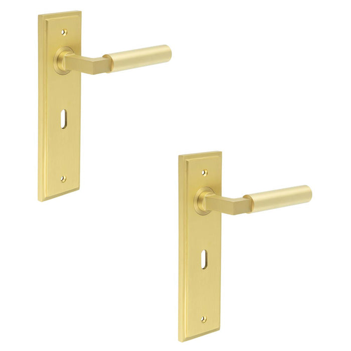 PACK Elegant Satin Brass Door Handle Lock Backplate Modern Homes Solid Brass Interior Lever (1)