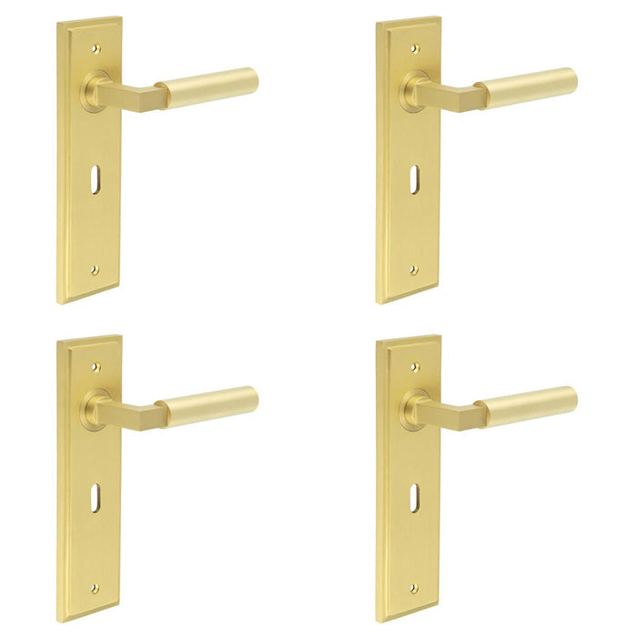 PACK Elegant Satin Brass Door Handle Lock Backplate Modern Homes Solid Brass Interior Lever