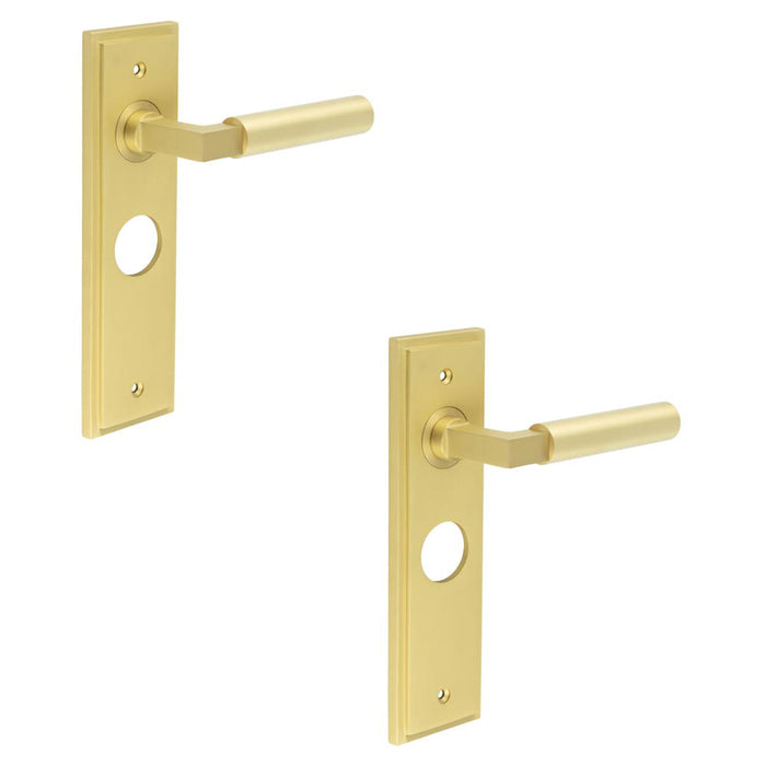 PACK Satin Brass Bathroom Door Handle with Backplate Modern Homes Solid Brass Interior Lever (1)